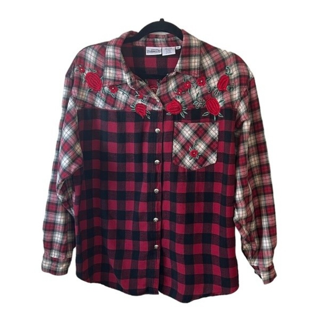 Vtg Styleworks Plaid Patchwork Button Up Embroide… - image 1